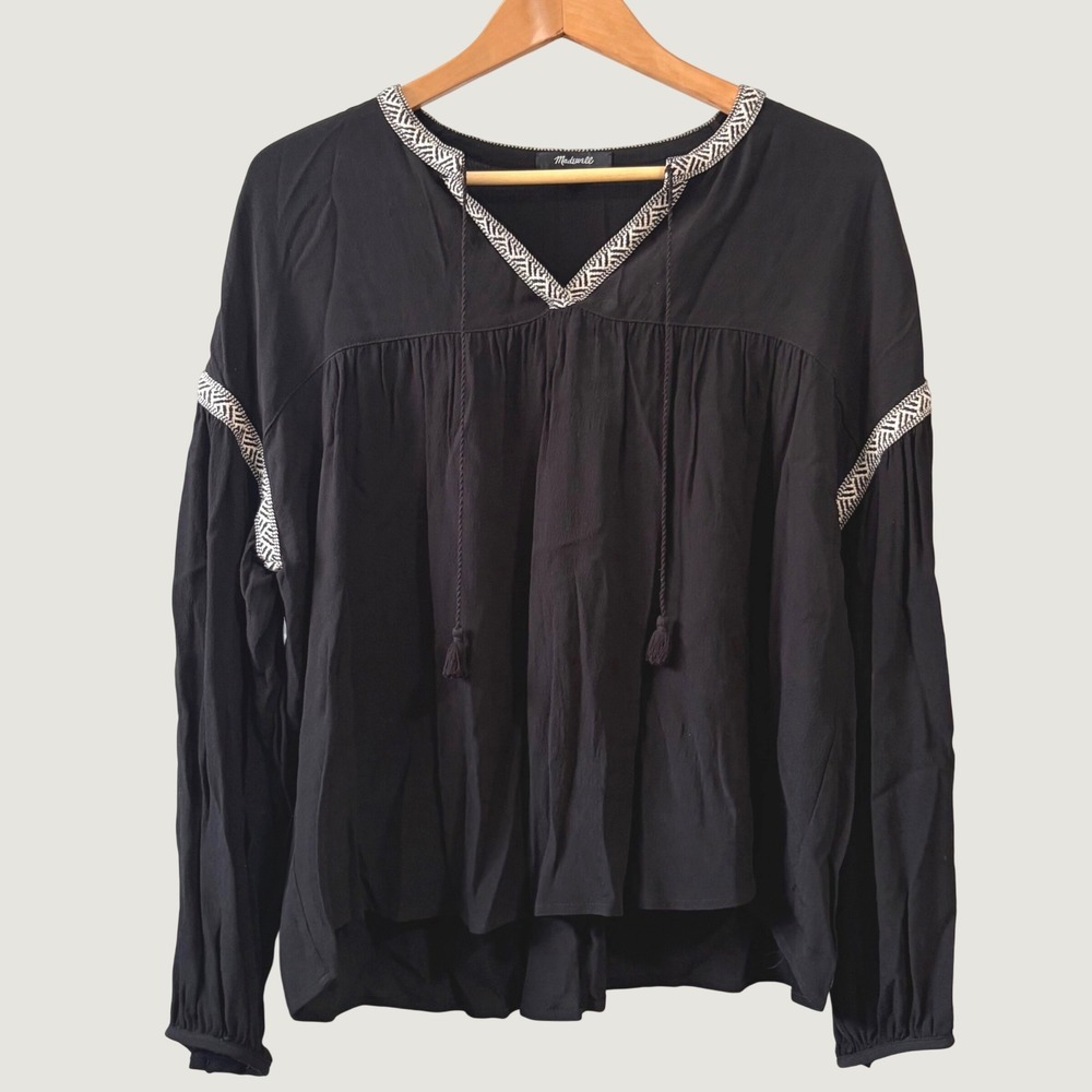 Madewell Black Embroidered Tassel Peasant Blouse Long Sleeve Boho Top M RN77388